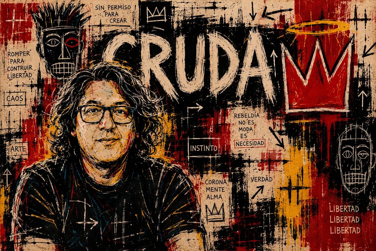 Retrato editorial de Tebo Samaniego, fundador de CRUDA — pintura callejera en negro, rojo y amarillo sobre fondo kraft