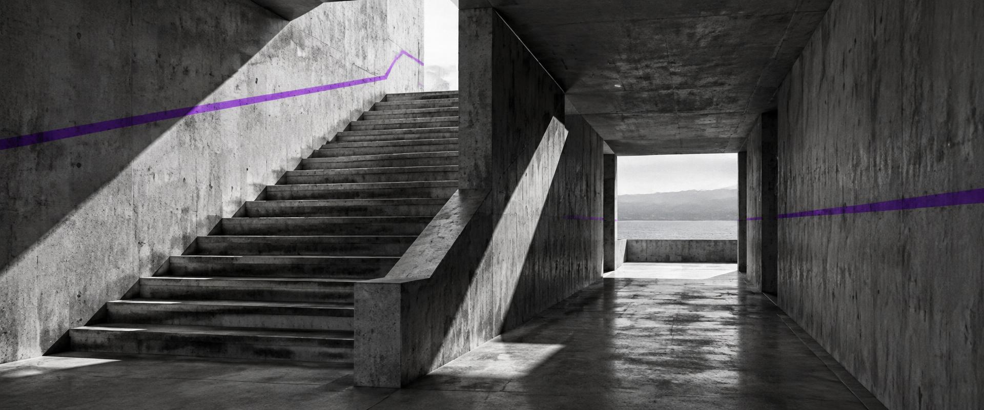 Escalera y pasillo de hormigón abiertos hacia la luz, recorridos por una línea violeta pintada a mano